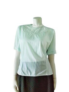 1950s Vintage Aqua Green Large Size Fitted Nylon Blouse With Embroidery Details